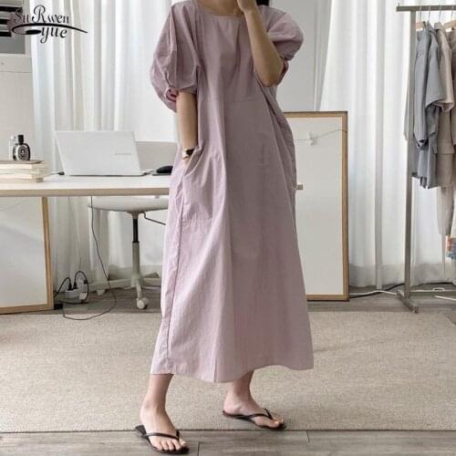 Solid Cotton Round Neck Puff Sleeve Dress Chic Simple 2021 Summer Long Dress Women Office Lady Casual Loose Female Vestido 13884