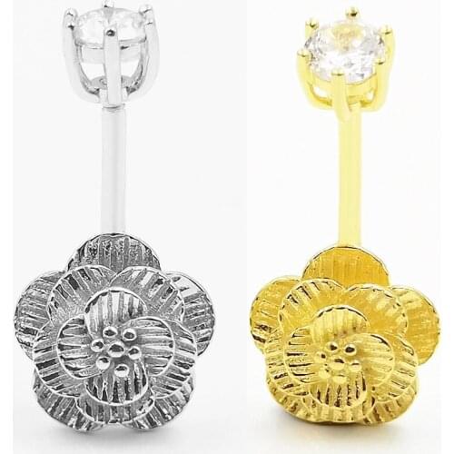 925 Sterling Silver Navel Piercing Flower Belly Button Ring Body Jewelry For Women