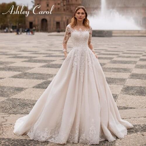 Ashley Carol Long Sleeve Wedding Dress 2021 Romantic Scoop Beading Lace Appliques A-Line Bride Dresses Princess Vestido De Noiva