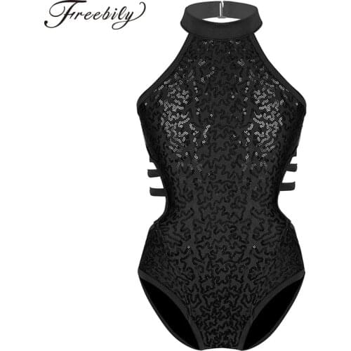 Sleeveless Sparkly Sequins Cutout Back Strappy Waist Gymnastics Leotards for Girls Ballet Dance Costume Kids Dancewear