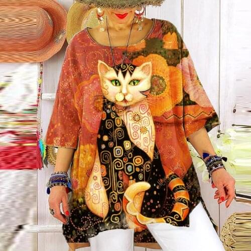 Autumn Print Cat O-Neck Half Sleeve TShirt Top Women Loose Oversized Flower Tee Blouses Femme Plus Size Funny Cute Cartoon Shirt