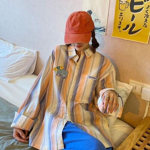 Stripe Shirt Female Retro Port Flavor Spring and Autumn 2021 New Korean Version Loose Students Wear FashionCasualShirt Jacket