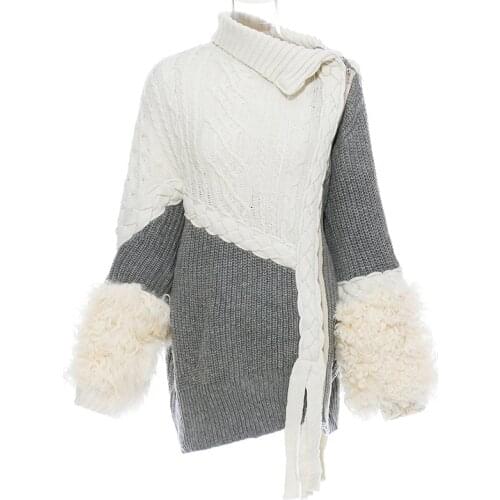 SeeBeautiful New Fashion 2020 Autumn Winter Contrast Color Lapel Long Sleeve Ribbon Zipper Irregular Loose Sweater Woman N746