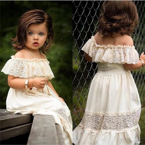 1-6Y Summer kids Baby Girl Cute Long Dress Off-Shoulder Ruffle Lace Party Formal Dress Hollow White Sundress