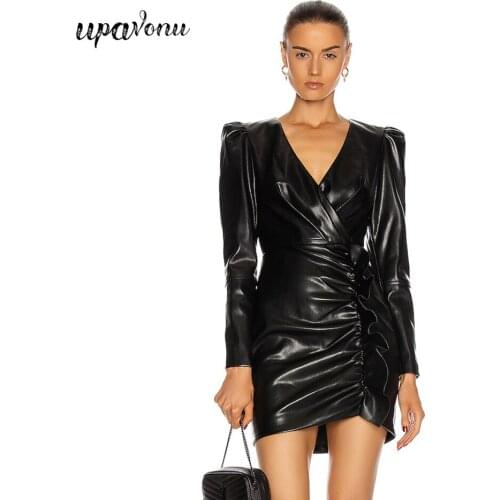 Free Shipping 2021 New Women PU Faux Leather Dress Sexy V-neck Puff Sleeve Bodycon Ruffled Draped Dress Club Party Mini Vestidos