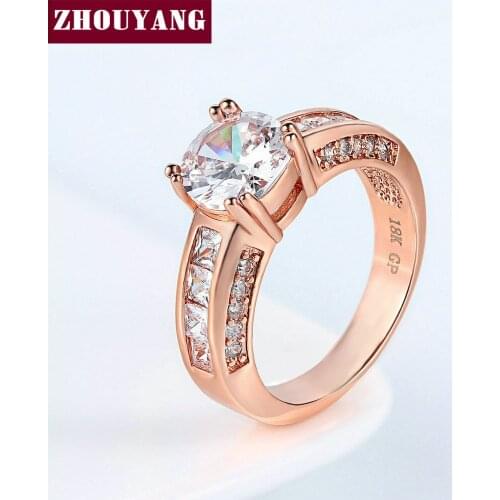 ZHOUYANG Wedding Rings For Women Four Claw AAA+ Round Cut Cubic Zirconia Rose Gold Color Party Fashion Jewelry Gift R036