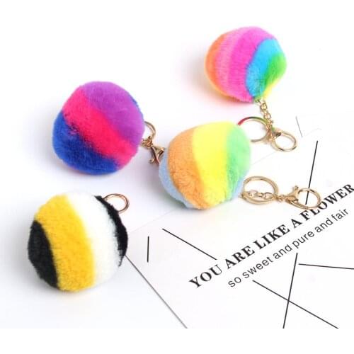 Furling 1pc Rainbow Colors 8cm Faux Rabbit Fur Pom Poms Keychain Women Key Ring Mobile Iphone Charm Plush Ball Bag Accessories