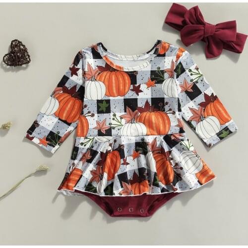 Infant Baby Girl Clothes Tracksuits Halloween Pumkin Print Long Sleeves Rumper +Headband 2Pcs BabyCotton Outfits 0-24 Months