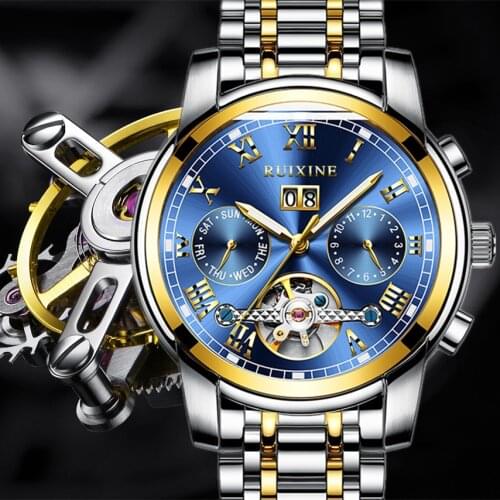 Top Brand Luxury Men Watches Stainless Steel Waterproof Business Sport Mechanical Wristwatch Automatic Tourbillon Blue Watch Men