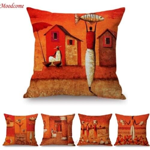 2019 Africa Impression Paintin Antique Red Decoration Throw Pillow Orange African Life Dancing Cartoon Art Linen Cushion Cover