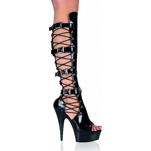 Summer Women Sexy Open Toe Buckle Straps Stiletto Sandals Cross-tied Hollow Out High Platform Boots Fashion Show Party Shoes