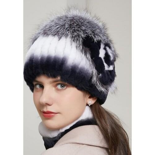 Womens Real Rex Rabbit Fur Beanie Hat Winter Warm Rex Rabbit Fur cap Striped Top Real Fox Fur Knitted Hat 20HY-13