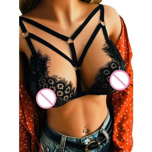 Muti Sizes Erotic Women Bralette Stretchy Sheer Floral Lace Strappy Bandage Hollow Out Eyelash Trim Bustier