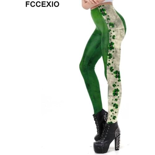 FCCEXIO Green Lucky Clover Leggings Women Patricks Day Party Clothes Workout Fitness Leggins 3D Printed Plus Size Leggings