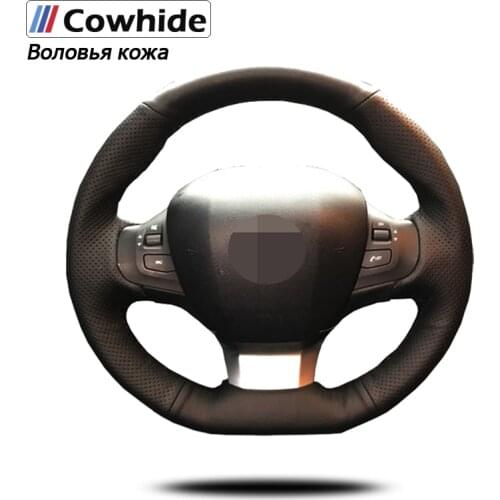 Handsewing Black Genuine Leather Steering Wheel Covers For Peugeot 308 2015- 2017