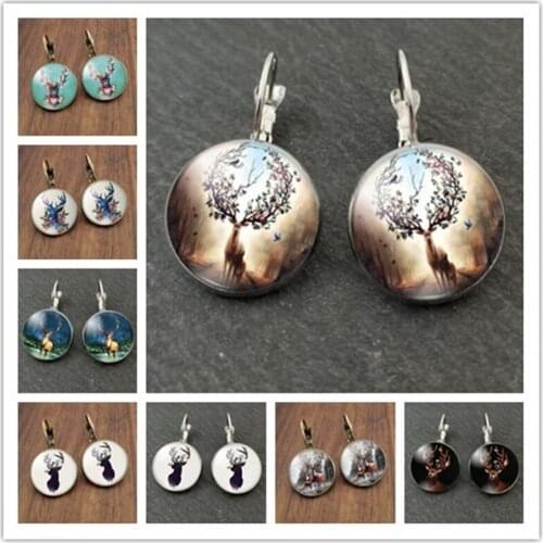 Beautiful Elk Deer Glass Stud Earring Fashion Cartoon Sika Deer French Hook Earrings Flower Horned Deer Earring for Women