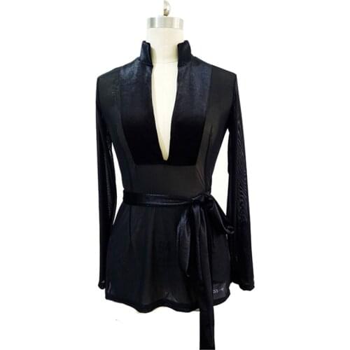 2020 Men Black Latin Dance Tops For Male Long Sleeve M-XL Soft Milk Silk Lycra Shirt Cha cha Rumba Adult Ballroom Tops DQ7049