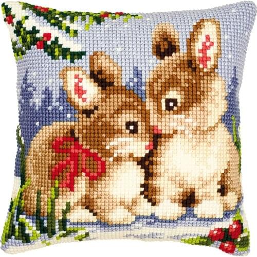 DIY Cross Stitch Cushion Rabbits In The Snow Needlepoint Kits Printed Canvas Chunky Yarn Cross-stitch Pillow Case Arts & Crafts