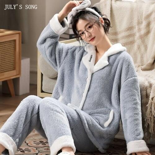 JULYS SONG 2 Piece Autumn Winter Pyjamas Womens Pajama Sets Warm Thick Flannel Sleepwear Elegant Female Loungewear Night Wear