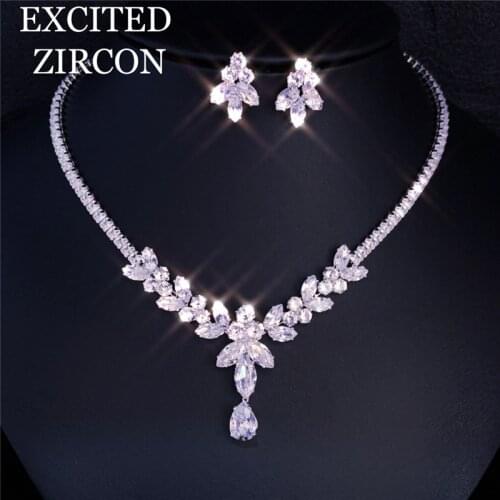 Luxury Fashion Cubic Zircon Leaf Drop Drop Necklace Earrings Lady Bride Bridesmaid Exquisite Jewelry Wedding Party Set