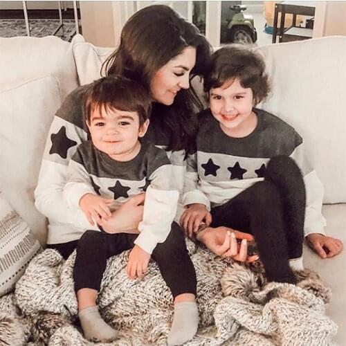 Family Matching Hoodie Mom and Daughter Matching Clothes Star Block Pullover Patchowork Sweatshirt Family Matching Outfits