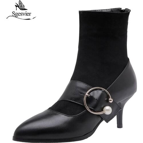 Sgesvier fashion pearls buckle thin high heels pointed toe sock boots for women ladies size 31-48 back zipper ankle boots G705