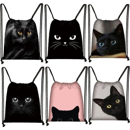 Cute Black Cat Drawstring Bag Women Shopping Bags Canvas Travel Bag Fashion Storage Bags Teenager Girls Backpack