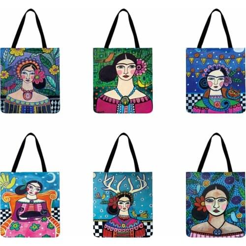 Indian Girl Printed Tote Bag For Women Casual Totes Linen Fabric Bag Foldable Shopping Bag Outdoor Beach Bag Daily Hand Bag