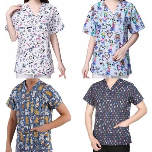 Scrub Tops Pattern Printed V-Neck Shorts Sleeve Pocket T-shirts Beauty Salon Spa Uniform Shirts Cotton Working Clothes Plus Size