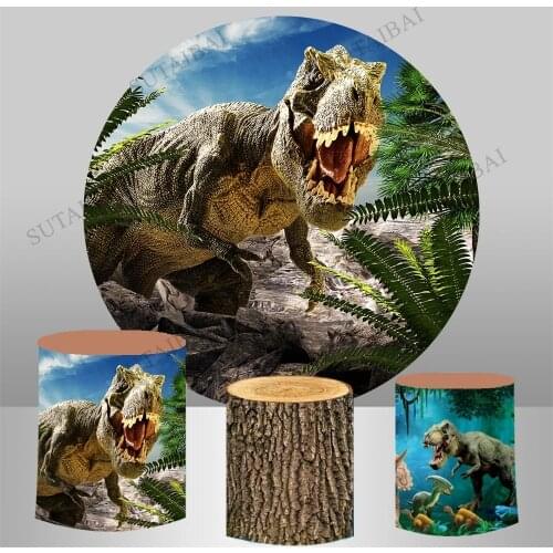 Jurassic Park Round Backdrop Forest Jungle Dinosaur Boy Birthday Party Decor Dessert Table Background Circle Cylinder Cover
