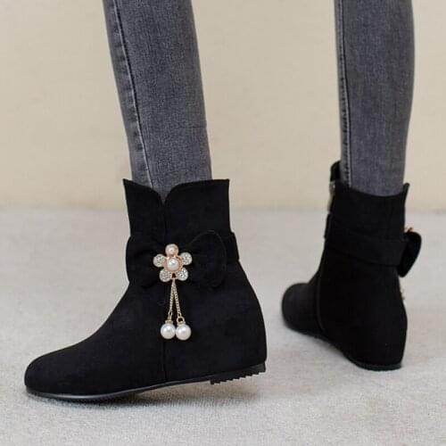 2021 Height Incrasing Women Boots Autumn Winter Flock Ankle Boots Round Toe Black Casual Women Shoes Big Size 35-43