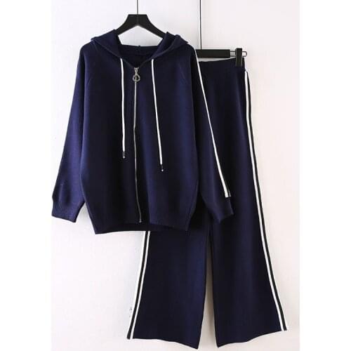 Womens 2 Piece Tracksuit Casual Patchwork Knit Cardigan Wide Leg Pants Set Female Hooded Sweater Suits