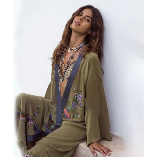 Vestidos Boho Hippie Chic Vintage Floral Embroidery Cardigan Beach Trip 2019 Kimono Pareo Long Sleeve Cape Cover Maxi Dress