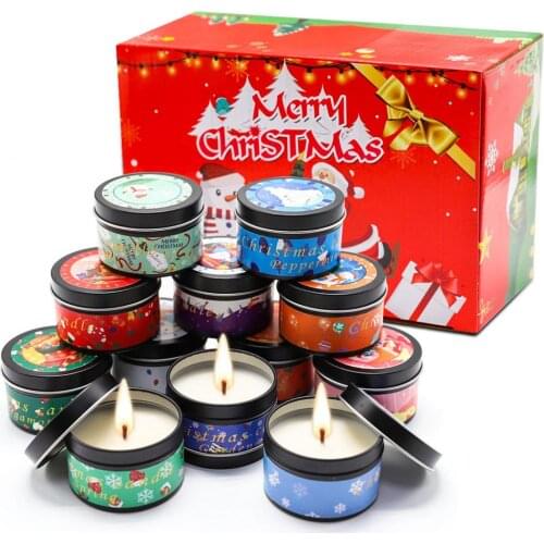 12pcs Christmas Themed Scented Candle Tin Can Essential Oil Aromatherapy Candle Home Decoration Great Gift Gift Set