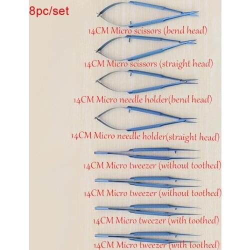 14cm Titanium alloy ophthalmic microsurgical instruments Needle Holder Micro scissors Tweezers hand surgery 8pcs/set