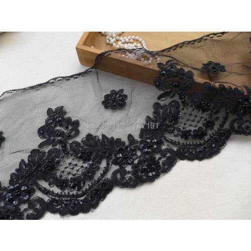 5 Yards Black Beaded Alencon Lace Trim for Wedding Veil Bridal Sashes Lace Fabric Trim