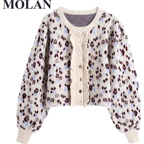 Cardigan Sweater Women Jacquard Cropped Knitted Vintage Lantern Sleeve Buttons Female Outerwear 2021 FashionChic Tops