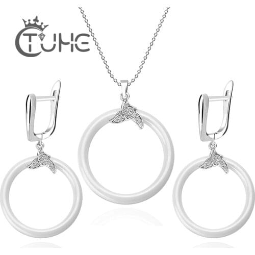 Fashion Casual Accessorie Ceramic Jewelry Sets Round CircLE Never Fade Ceramic Crystal CZ Earrings Necklace Set Costume