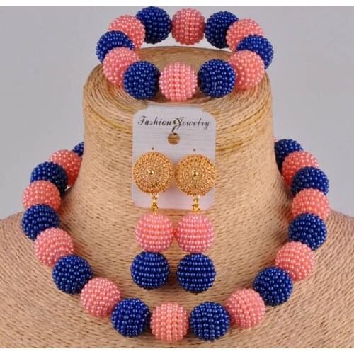 Royal blue and peach african jewelry set simulated pearl nigerian wedding set costume necklace african set ZZ97