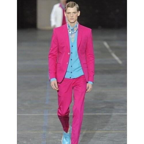 Hot Pink Notch Lapel 2 Buttons Suits Men Custome Homme Fashion Tuxedos High Quality New Arrival Terno Slim Fit (Jacket+Pants)