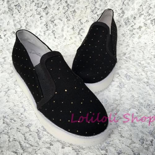 Princess sweet lolita shoes Lolilloliyoyo antaina shoes custom black skip-on flat platform shoes with dots 5142s-1