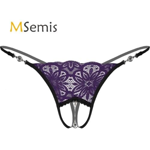 Mens Crotchless Thongs T-back Sissy Lingerie Underwear Rhinestone Pendant Floral Lace G-string Low Rise Open Crotch Briefs