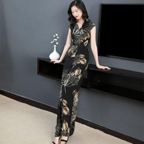 2021 Summer New One-piece Pants Fashion Elegance Chiffon Printing Slim Thin Sexy Jumpsuit Wide Leg Pant Party Outfits For Women