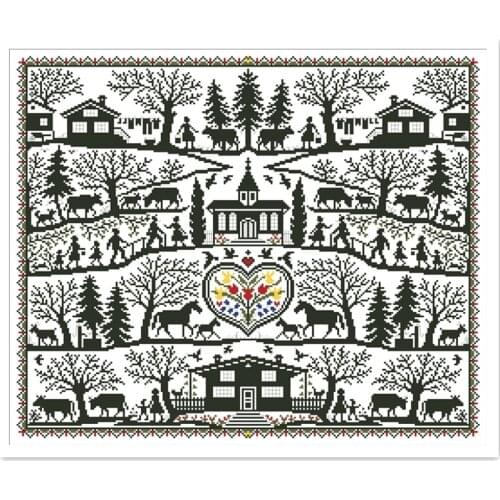 Busy village cross stitch package simple color 18ct 14ct 11ct white cloth cotton thread embroidery DIY handmade needlework