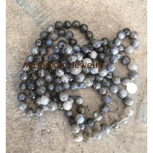 Pave Zircon Beads labradorite Boho Stone Necklace Long Knotted Necklace
