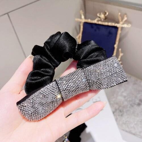 Korean Large Bow Scrunchie Bling Rhinestone Hair Tie Pleated Elastic Hair Bands Luxury Wedding Party Headpiece Hair Accessories