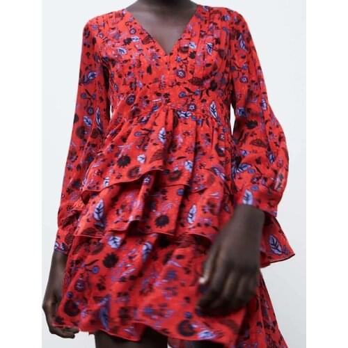 Sexy goddess red cake dress long-sleeved V-neck floral print dress charming cocktail dress
