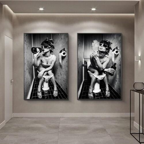 Sexy Girl Sits in a Toilet Nordic Canvas Art Posters And Prints Black And White Canvas Paintings On the Wall Art Pictures