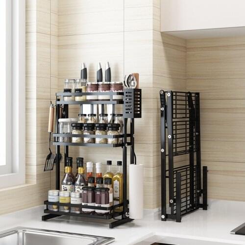 Foldable Spice Rack 2/3 Layers Kitchen Organizer Knife Storage Shelf Plastic Wrap Roll Paper Rack Multifunction Storage Rack