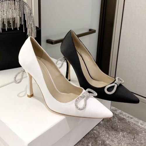 2021 New Pointed High Heels Womens Bow Rhinestone Silk Stiletto Heel Pumps Wedding Dress Fairy Style Wedding Shoes